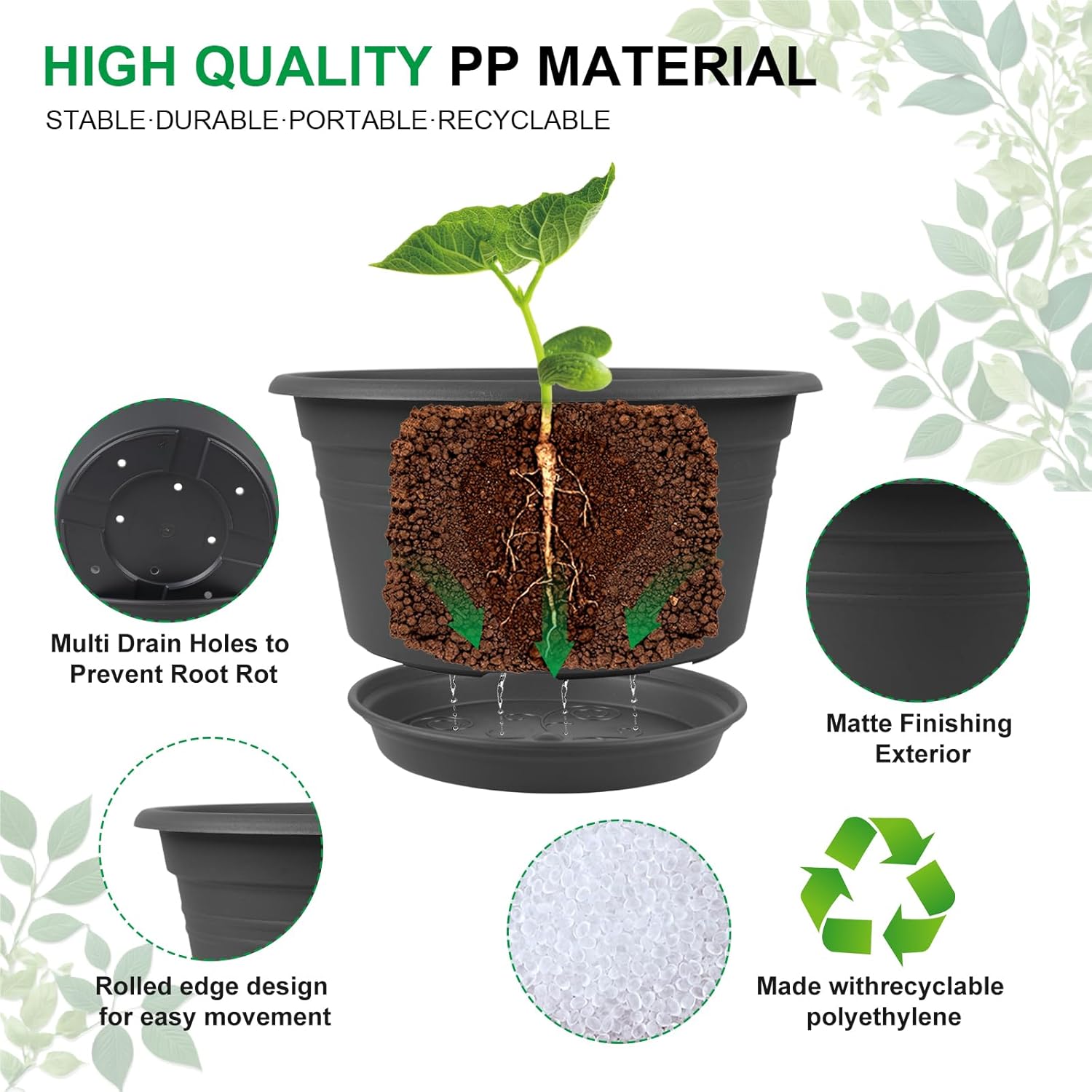 6 Pack 10 inch Plant Pot, Round Plastic Plant Pots, Outdoor Pots for P