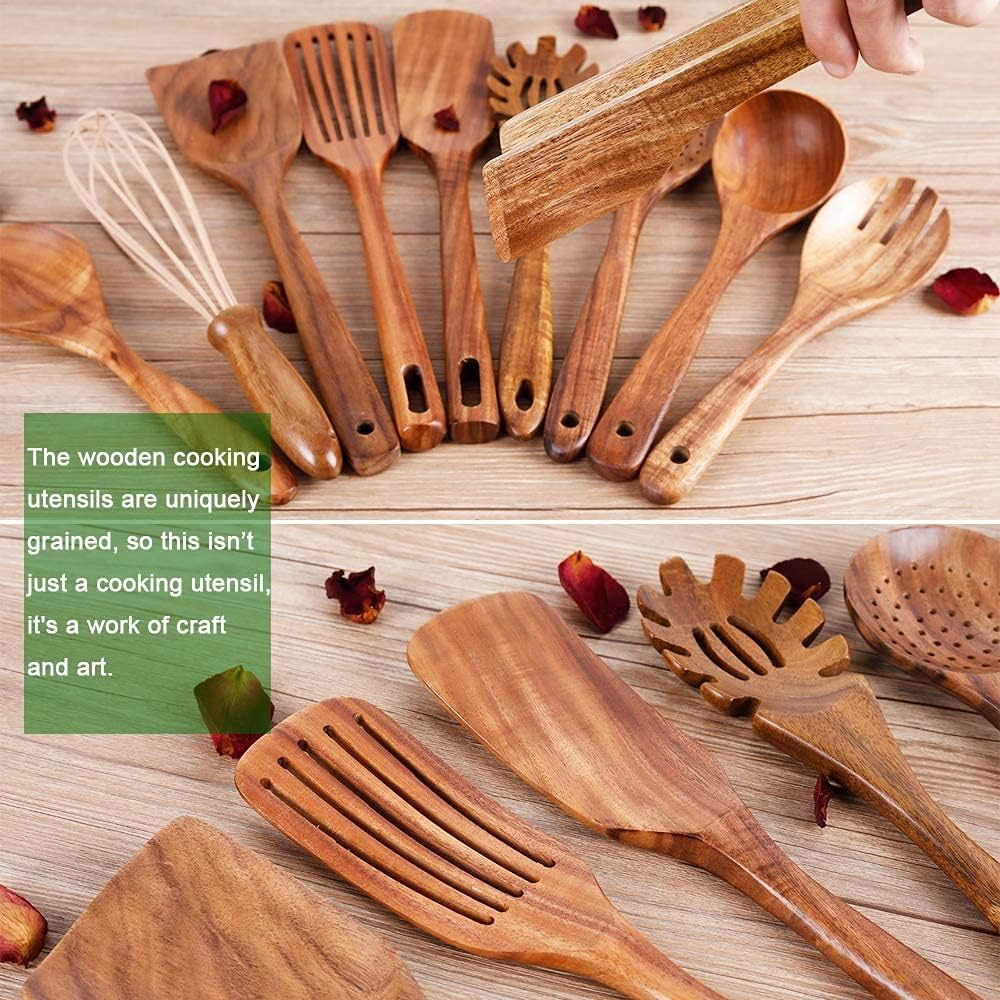 10 Pack Wooden Utensils for Cooking, Wood Utensil Set for Kitchen, Tea