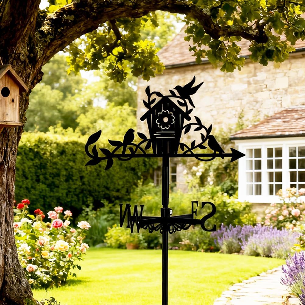 Birdhouse Weather Vane, Black Metal Weathervane Roof Mount, Wind Direction Indicators Wind Measuring Tool Outdoor, Wind Vane Ornament Decoration for Shed Yard Farmhouse Patio Decor