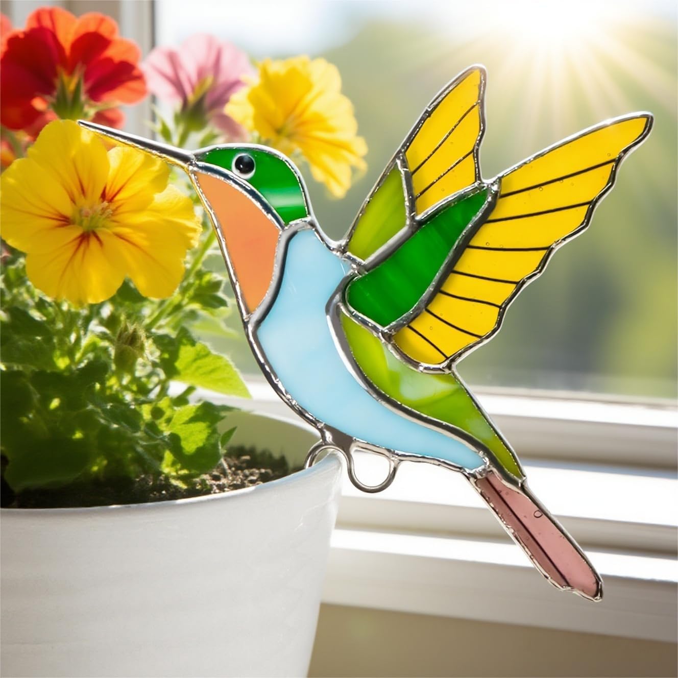 Hummingbird Stained Glass Suncatcher Decor for Indoor Outdoor Plants-P