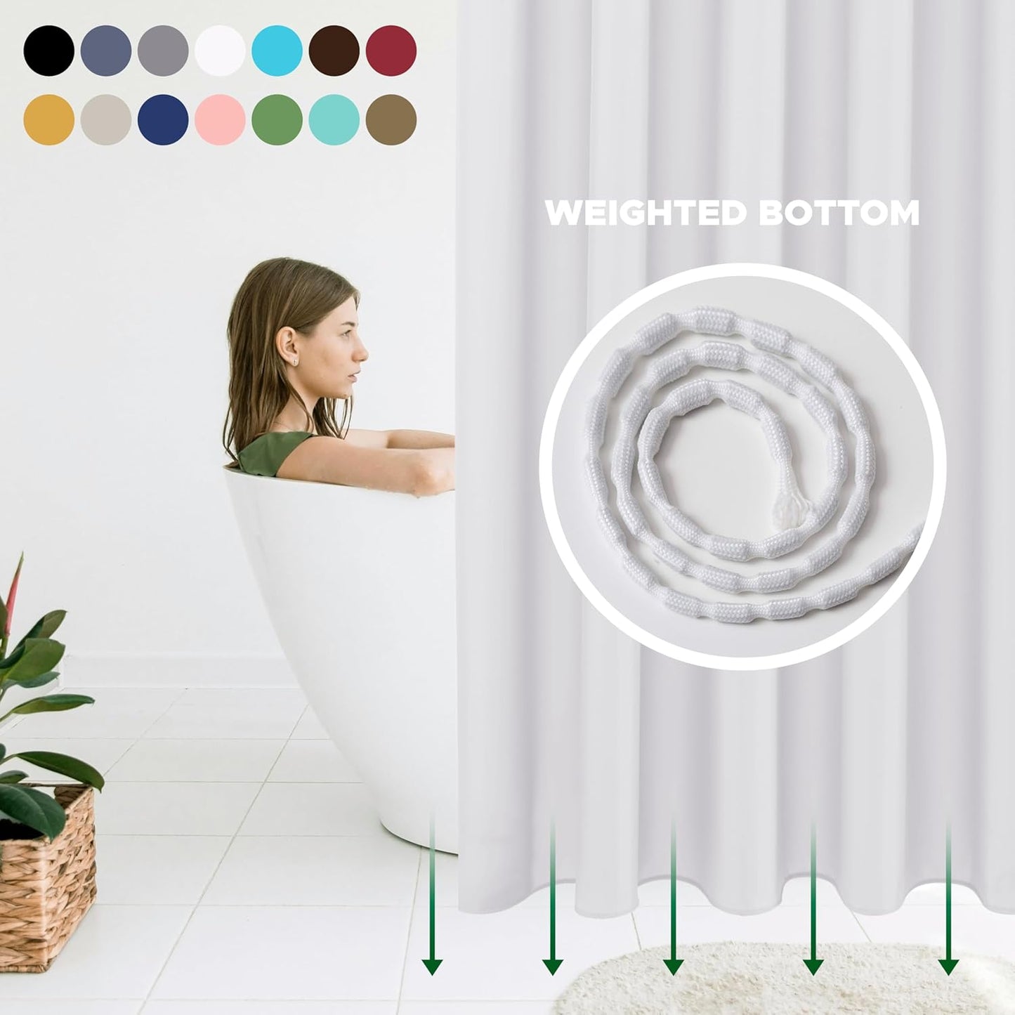 Biscaynebay Hotel Quality Fabric Shower Curtain Liners 72" X 72", White Water Resistant Bathroom Curtains Rust Resistant Grommets Weighted Bottom Hem Machine Washable