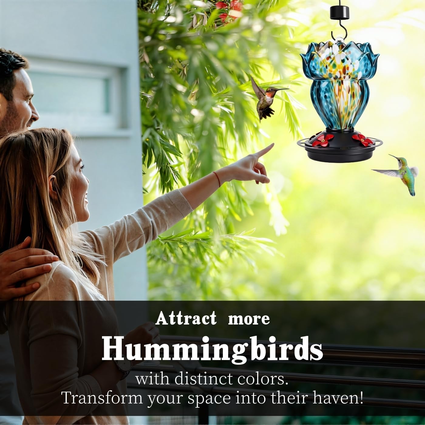 Lotus Shaped Hummingbird Feeder for Outdoors, Hand Blown Glass Hummingbird Feeders for Outdoors Hanging with 4 Feeding Ports, Leak-Proof Bird Feeder- Garden Decor Gifts for Women(Blue)