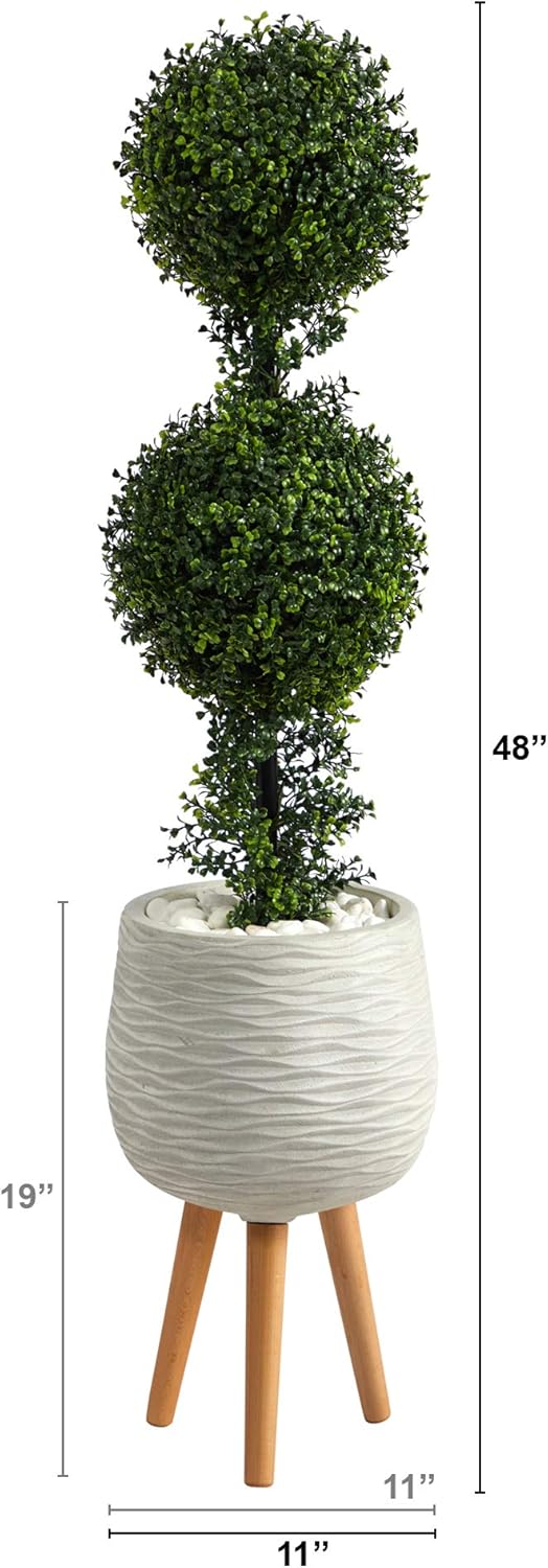 Nearly Natural 4ft. Boxwood Double Ball Topiary Artificial Tree in White Planter with Stand (Indoor/Outdoor)