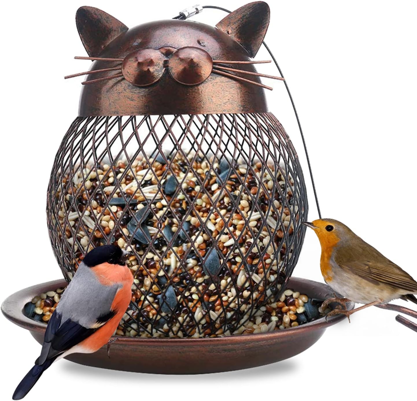 Outside Wild Bird Feeder, Heavy Duty Metal Frame Outdoor Bird Feeders Hanging for Garden Yard Decoration, Cute Cat Shaped