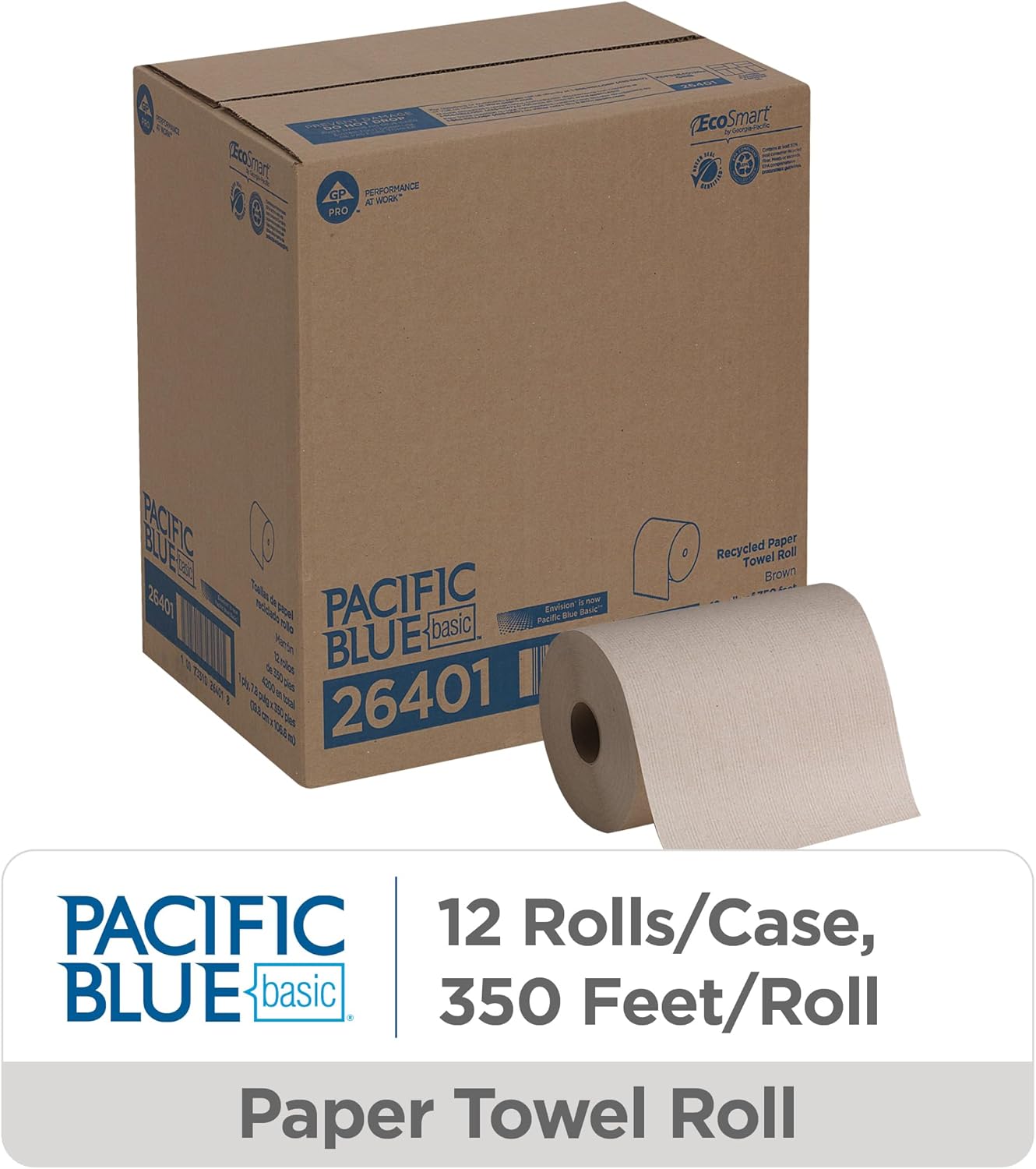 Georgia-Pacific Pacific Blue Basic Recycled Paper Towel Roll (Previously Branded Envision) by GP PRO (Georgia-Pacific), Brown, 26401, 350 Feet Per Roll, 12 Rolls Per Case