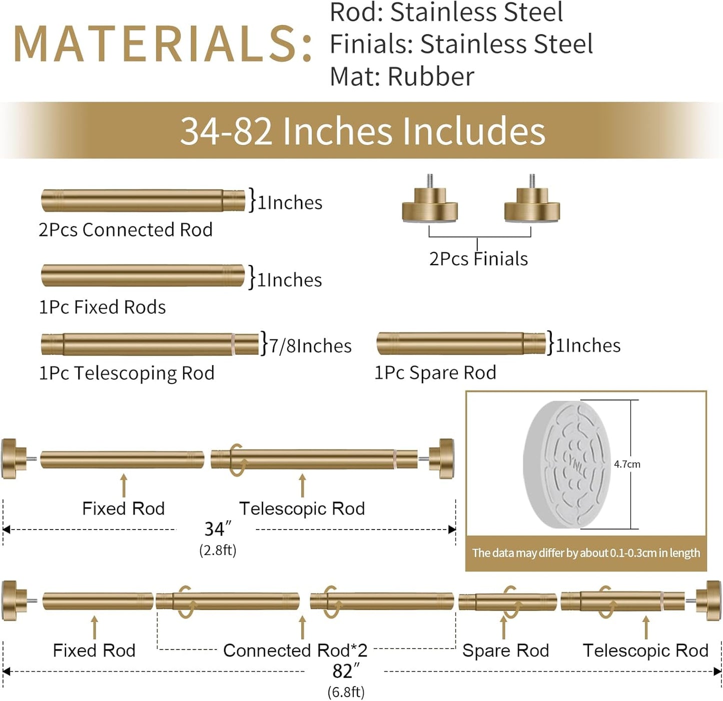 YNL Shower Curtain Rod 34-82 Inches (2.8-6.8ft) Adjustable Spring Shower Rod No Drilling, Non-Slip, Never Rust, Stainless Steel, Suitable for Bathroom Window Living room, Gold