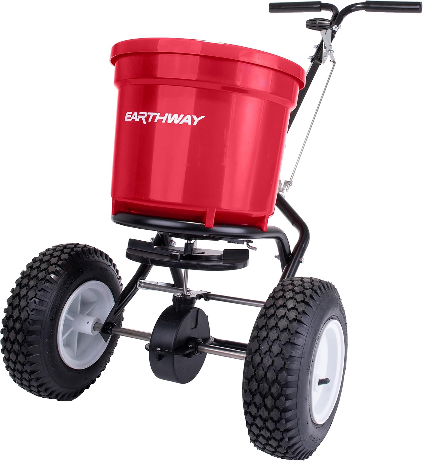 EarthWay 2150 Commercial 50 LB Broadcast Fertilizer Spreader. Heavy-Duty Walk-Behind Push Garden Seeder with Adjustable Drop Rate and Driving Handle. Large 13 inch Pneumatic Stud Tires