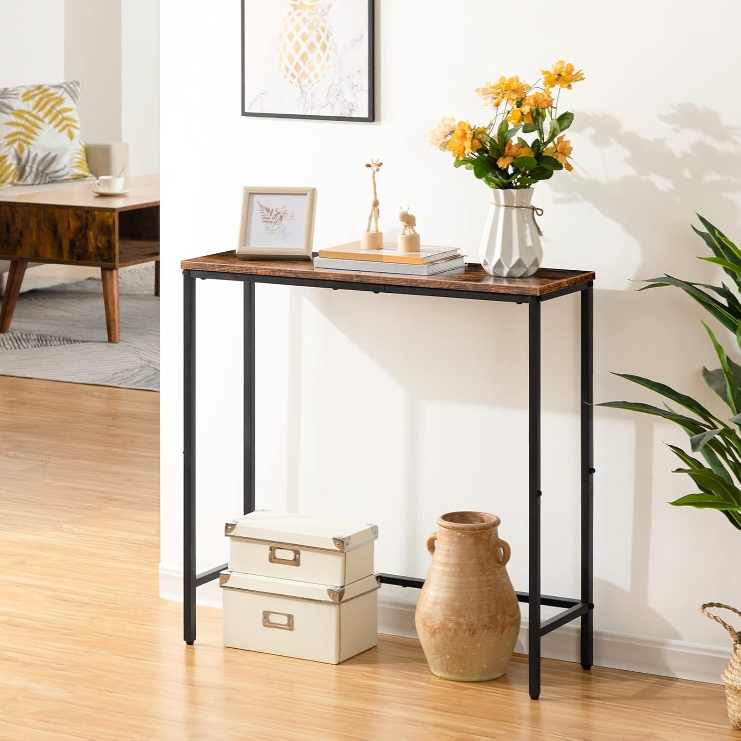 HOOBRO Narrow Console Table, 29.5" Small Entryway Table, Thin Sofa Side Display Table, for Hallway, Bedroom, Living Room, Foyer, Rustic Brown and Black BF75XG01