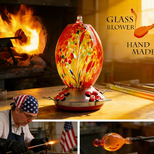8.27" Hand Blown Glass Hummingbird Feeders for Outdoors - Red Phoenix Humming Bird Feeder with Ant Moat & 4 Metal Perches - Unique Garden Decor Gifts for Mom, Women, Bird Lovers