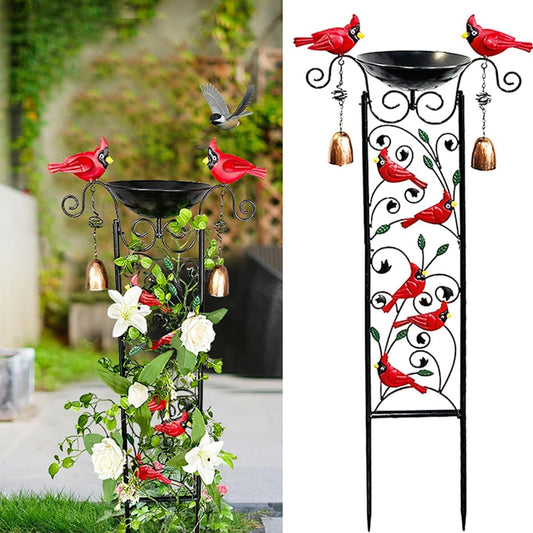 Metal Bird Bath with Trellis,Metal Bird Bath For Outside Decorative Birdbath with Cardinal, Small Garden Plant Support, Antique BirdBath for Climbing Plants with Detachable Iron Bowliron pots