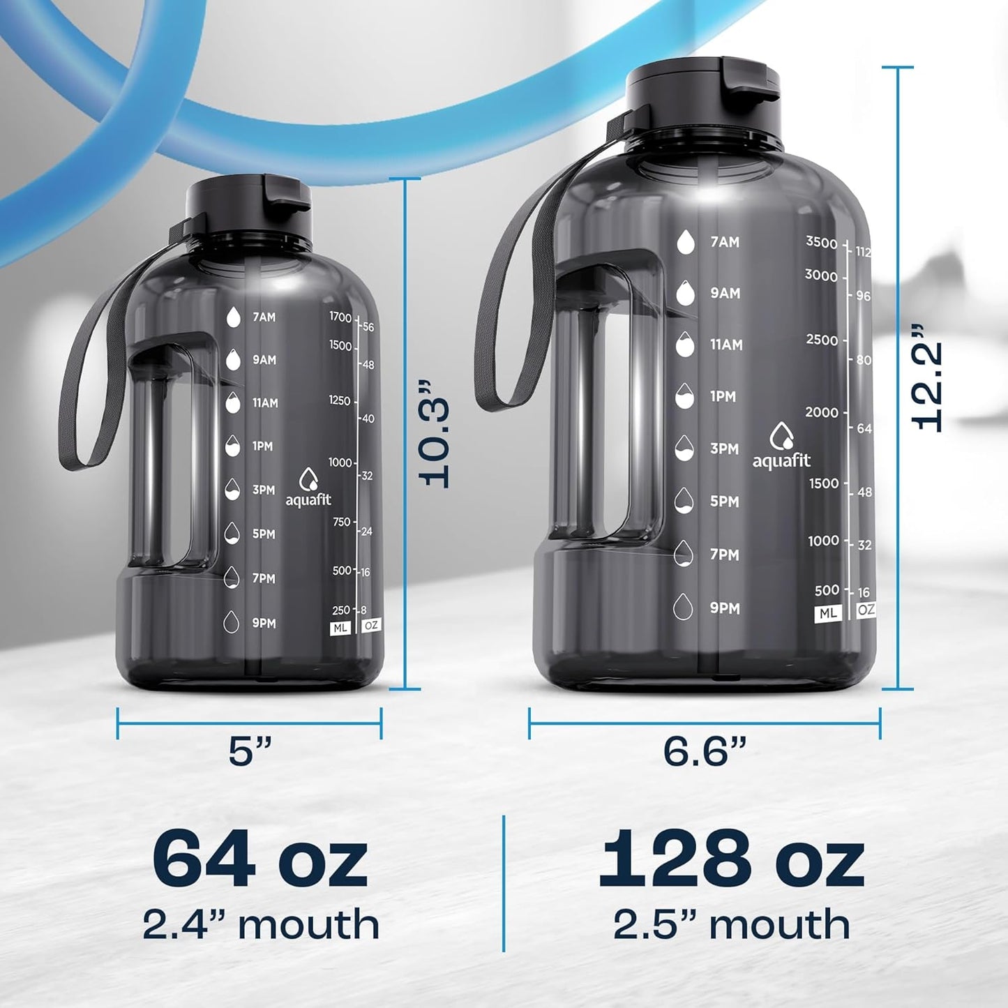 AQUAFIT 1 Gallon Water Bottle with Time Marker - Straw & Chug Lid - BPA Free Gym Water Bottle with Straw - Big Gallon Jug (Gray, 128 oz - 2 Lids)