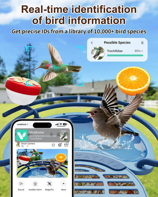 Bird Feeder with Camera, 2K HD Camera Birds Feeder with Bath Wireless Outdoor, Solar Powered Bird Watching with APP Control, Night Vision, Motion Detection Alerts, IP66 Birdfeeder for Backyard, Blue