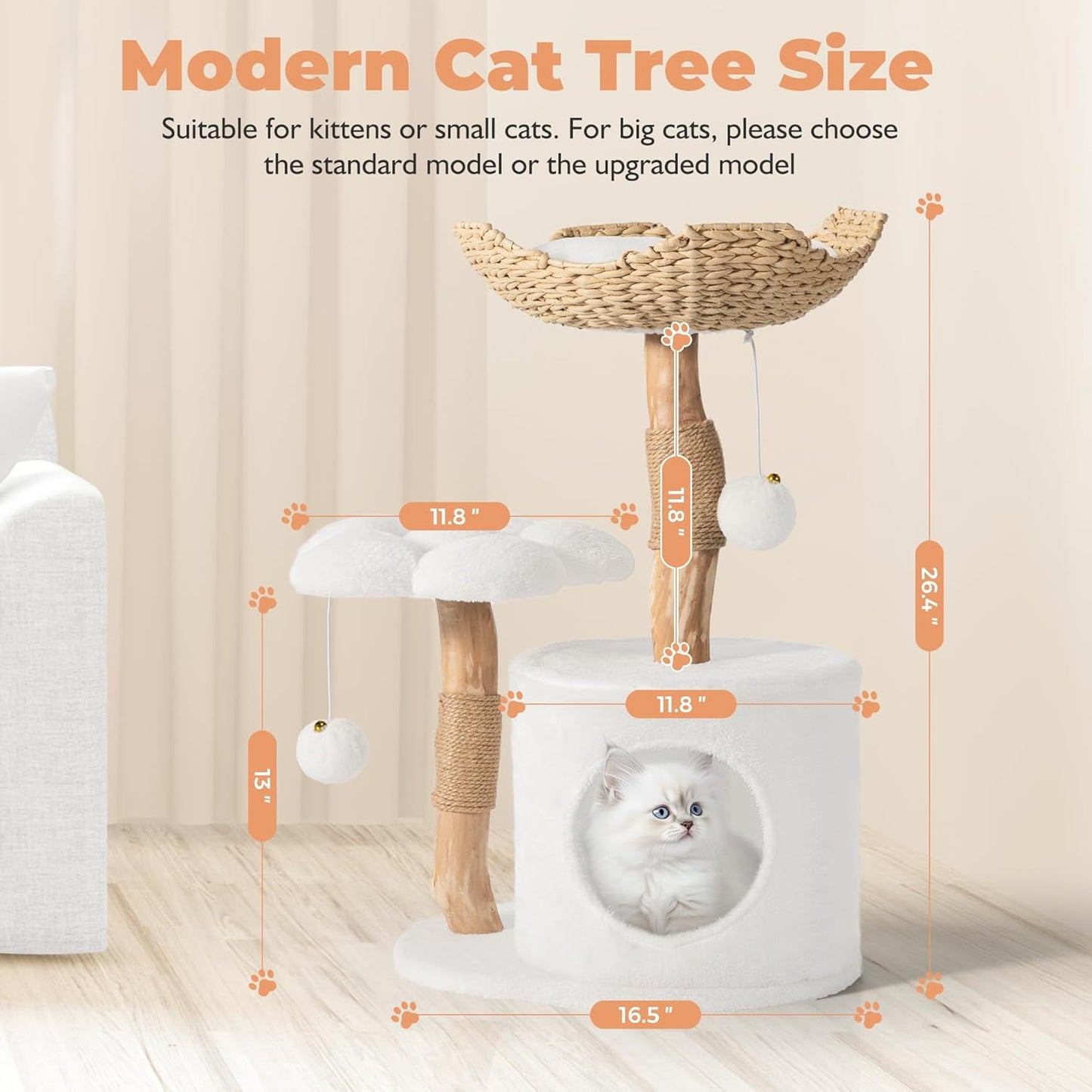 Modern Cat Tree, Wood Cat Tree Tower for Small Cats, Luxury Cat Condo 