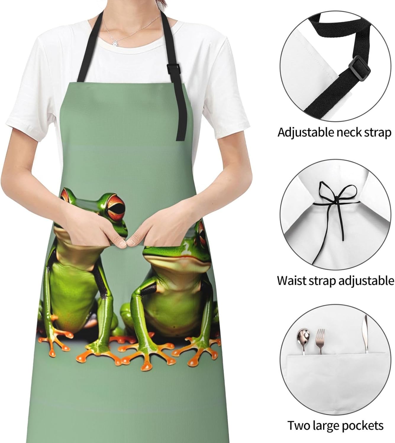 Funny Green Frogs 1 print Waterproof chef's apron with pocket apron for kitchen cooking baking barbecue and gardening