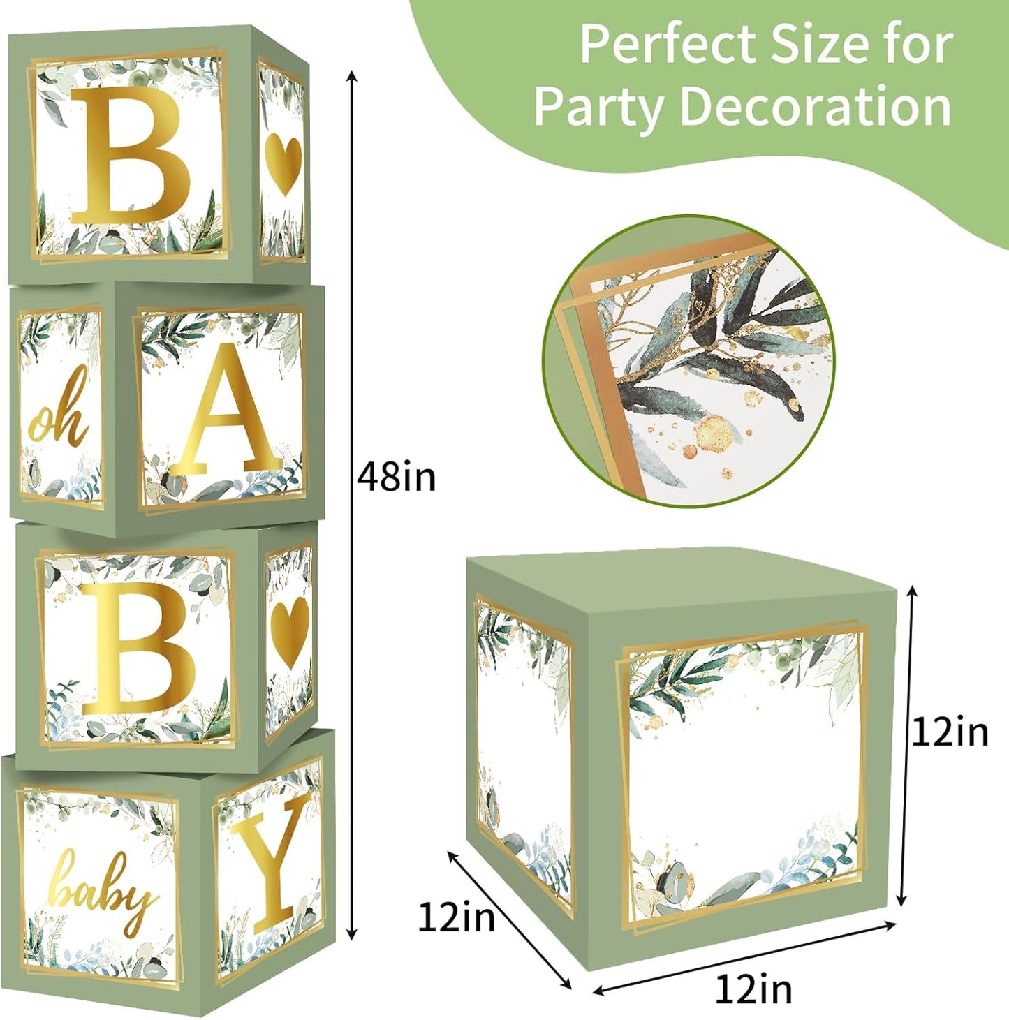 RUBFAC Sage Green Baby Boxes with Letters for Baby Shower, 4pcs Safari Baby Shower Decorations for Boy Girl Balloon Boxes Gender Reveal Birthday Party Favors