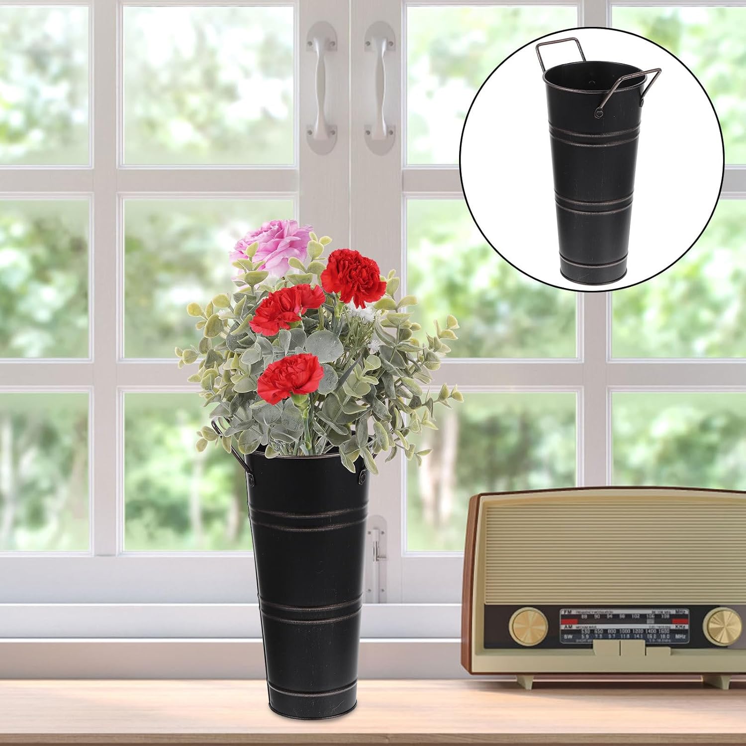 Milisten Vintage Retro Iron Flower Bucket with Handle, Leak-Proof Meta