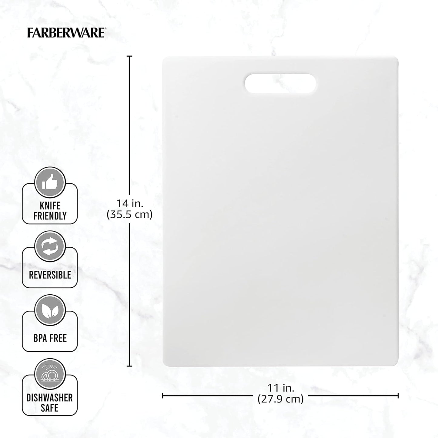 Farberware Large Cutting Board, Dishwasher- Safe Plastic Chopping Board for Kitchen with Easy Grip Handle, 11-inch by 14-inch, White
