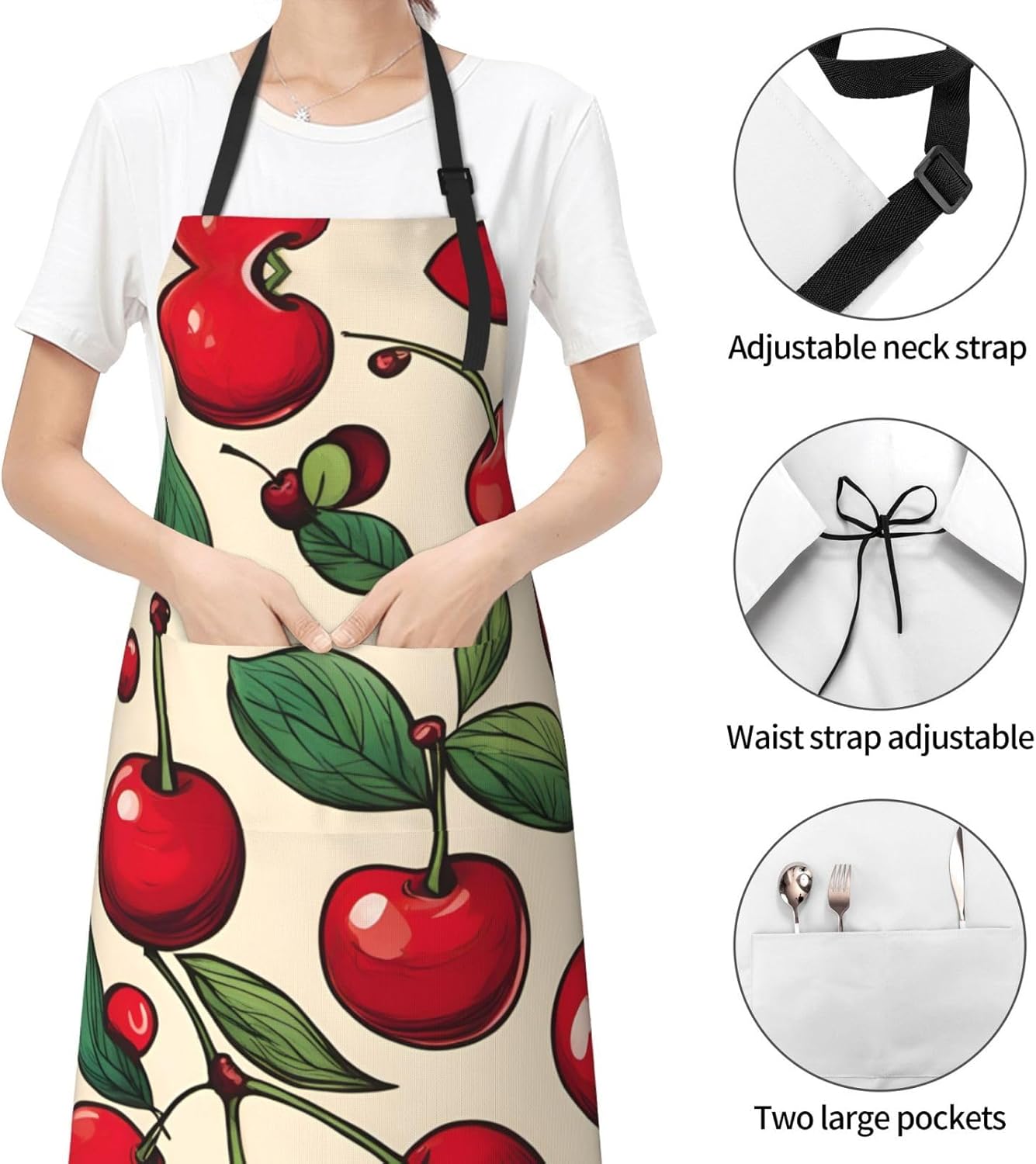 lovely sweet red cherry 2 print Waterproof chef's apron with pocket apron for kitchen cooking baking barbecue and gardening