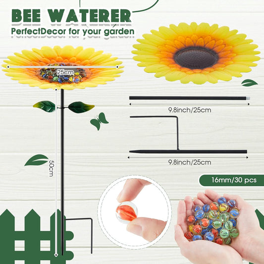 Tandefio Vivid Flower Bee Watering Station Metal Butterfly Water Feeder Cup with 30 Colorful Glass Marbles Bee Feeder Butterfly Bath Bowl for Garden Outdoor Yard Decors(Yellow Red,Sunflower)