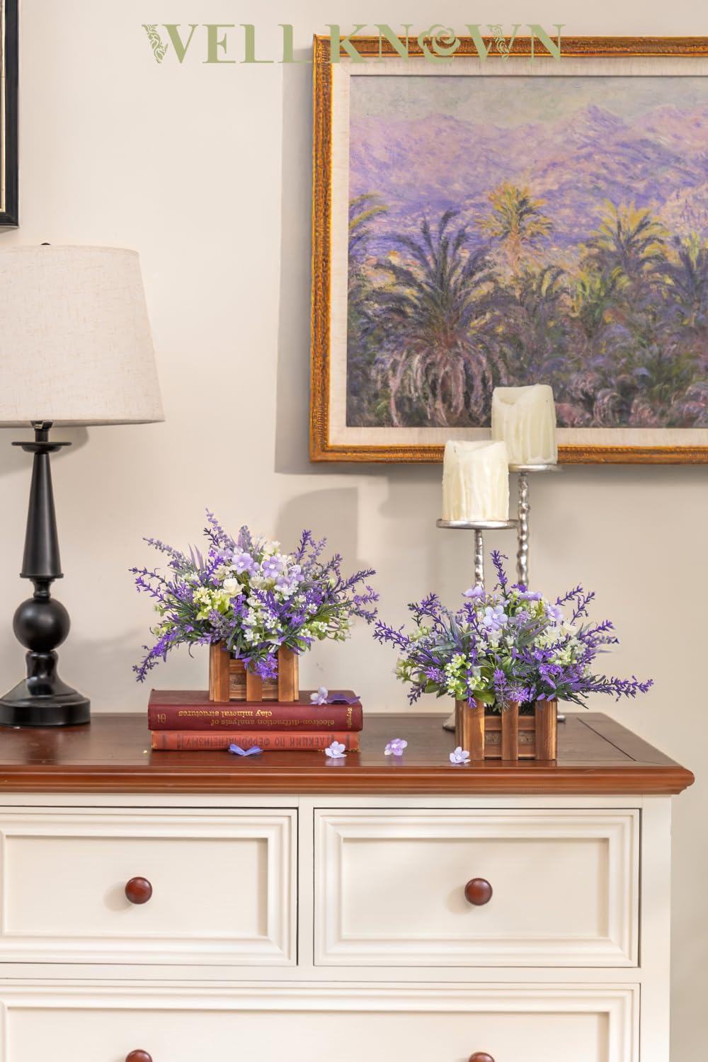 WELL KNOWN Artificial Lavender Plants in Wooden Baskets, Artificial Mini White Flower Arrangement in Planter for Home Hotel Office Table Wedding Centerpieces & Gift(Set of 2)