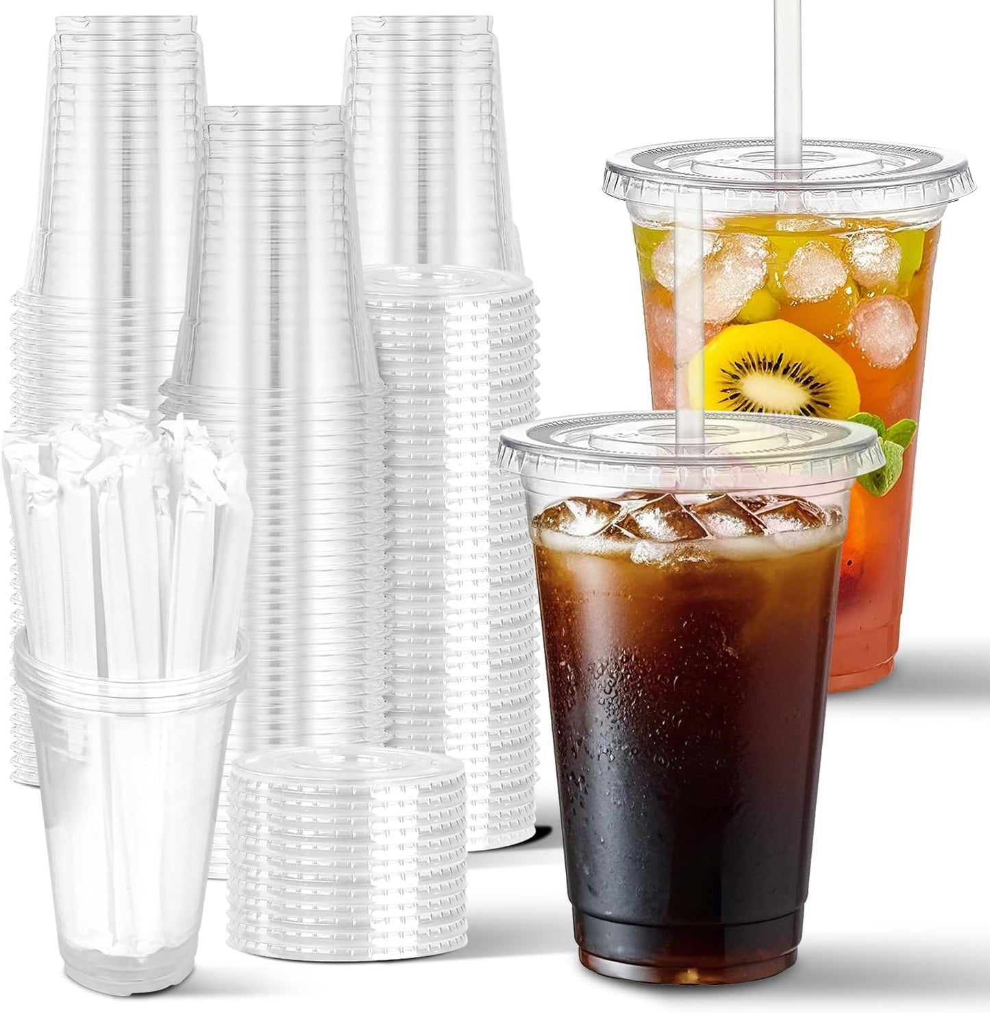 Charmount 100 Sets- 20 oz Clear Plastic Cups with Lids and Straws, Disposable To Go Cups for Cold Drinks, Coffee Bar Accessories, Iced Coffee, Smoothies | with Lids and Straws, Disposable, To Go Cups, for Cold Drinks, Iced Coffee, Milkshakes
