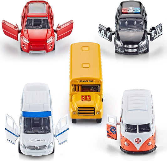KIDAMI Die-cast Metal Toy Cars Set of 5, Openable Doors, Pull Back Car