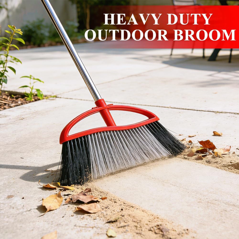 Outdoor Heavy Duty Broom, 15.7'' Wide with Long Handle, Angle Broom with Stiff Bristles for Sweeping Patio, Garden, Garage, Yard