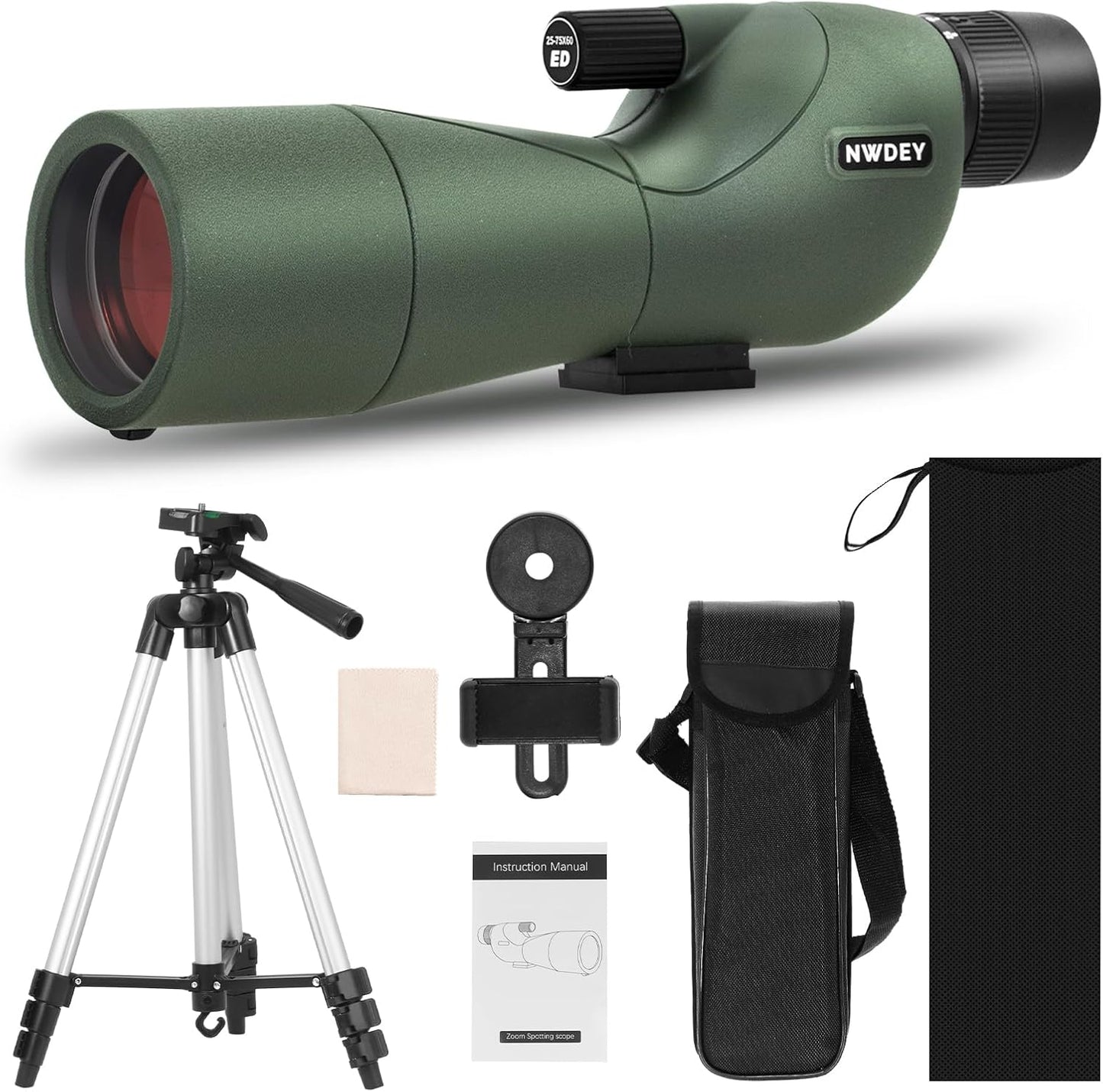 25-75X60 Spotting Scope with 51in Tripod, Spotting Scope for Target Shooting, Hunting & Bird Watching, Low Light Vision, Phone Adapter, Carry Bag, BAK4 Prism, FMC Lens, Waterproof (ArmyGreen)