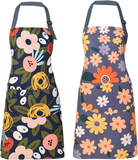 2 Pack Floral Apron for Women with Pockets, Adjustable Cotton Chef Apr
