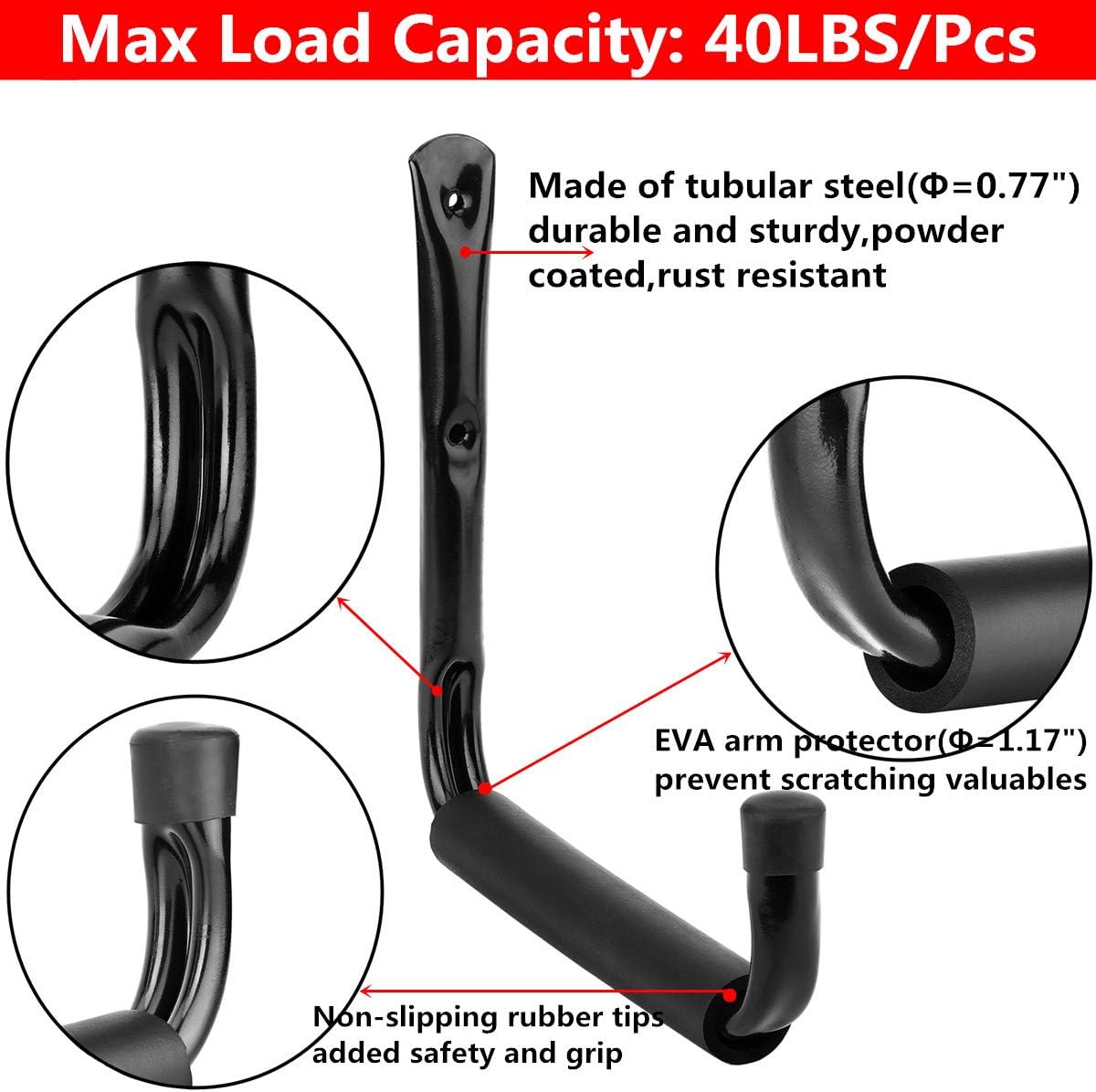 Garage and Garden Storage Utility Hooks Heavy Duty Jumbo Arm Hanger (Black,4 Pcs 8" Hook with EVA Protector)