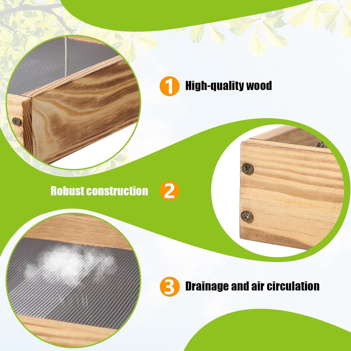 2 Pcs Wooden Platform Bird Feeder Tray for Outdoor Hanging Bird Feeder with Mesh Tray for Wild Birdfeeding Mealworm Outside Garden Backyard