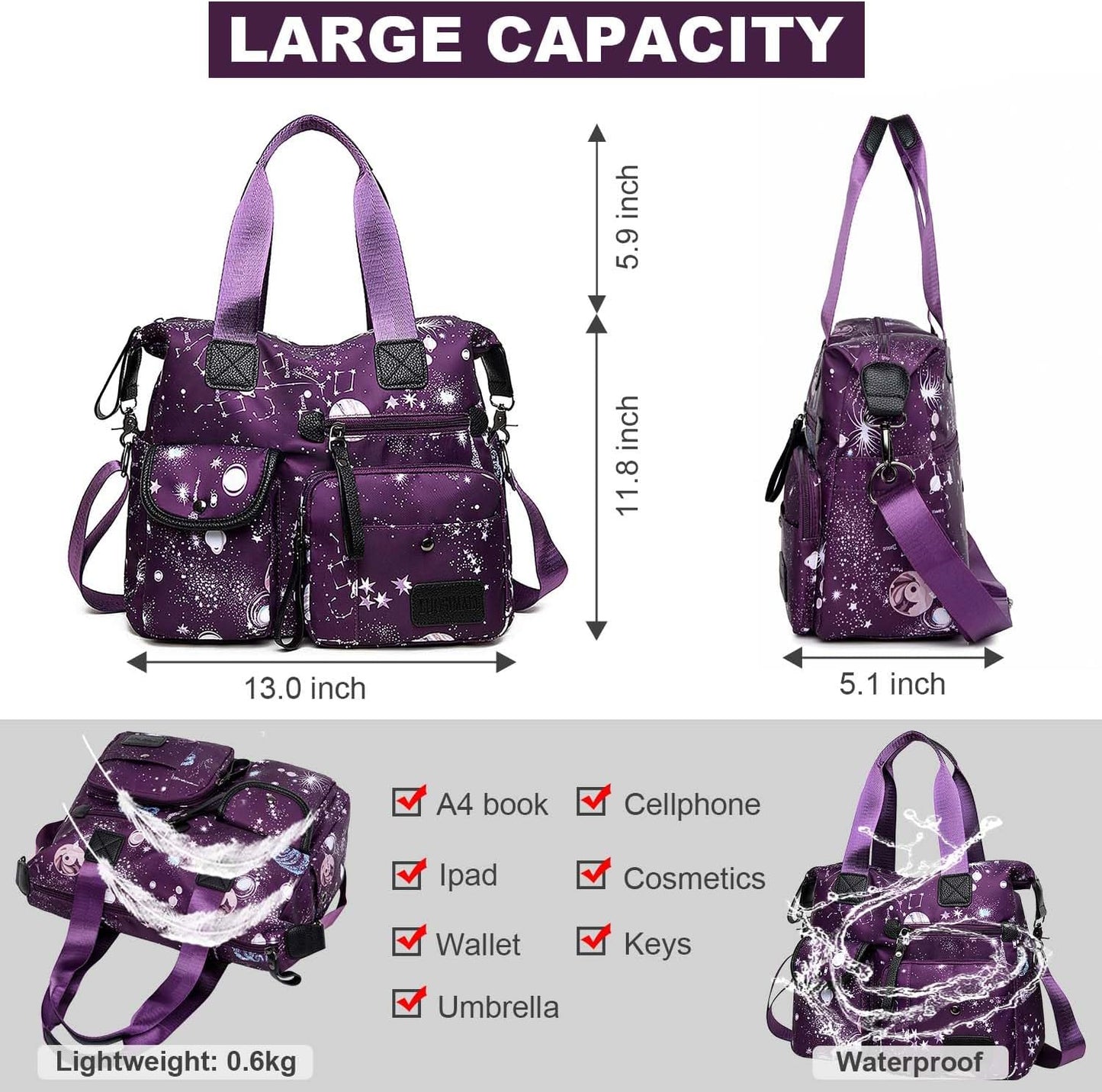 Tote Bag for Women,Multi Pockets Shoulder Handbag,Nurse Bag for Work,L