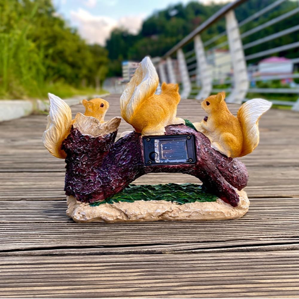 Solar Resin Squirrel Garden Statue with 5 LED Night Lights -Hand Carved, Weather Resistant Outdoor Solar Yard & Balcony Ornament