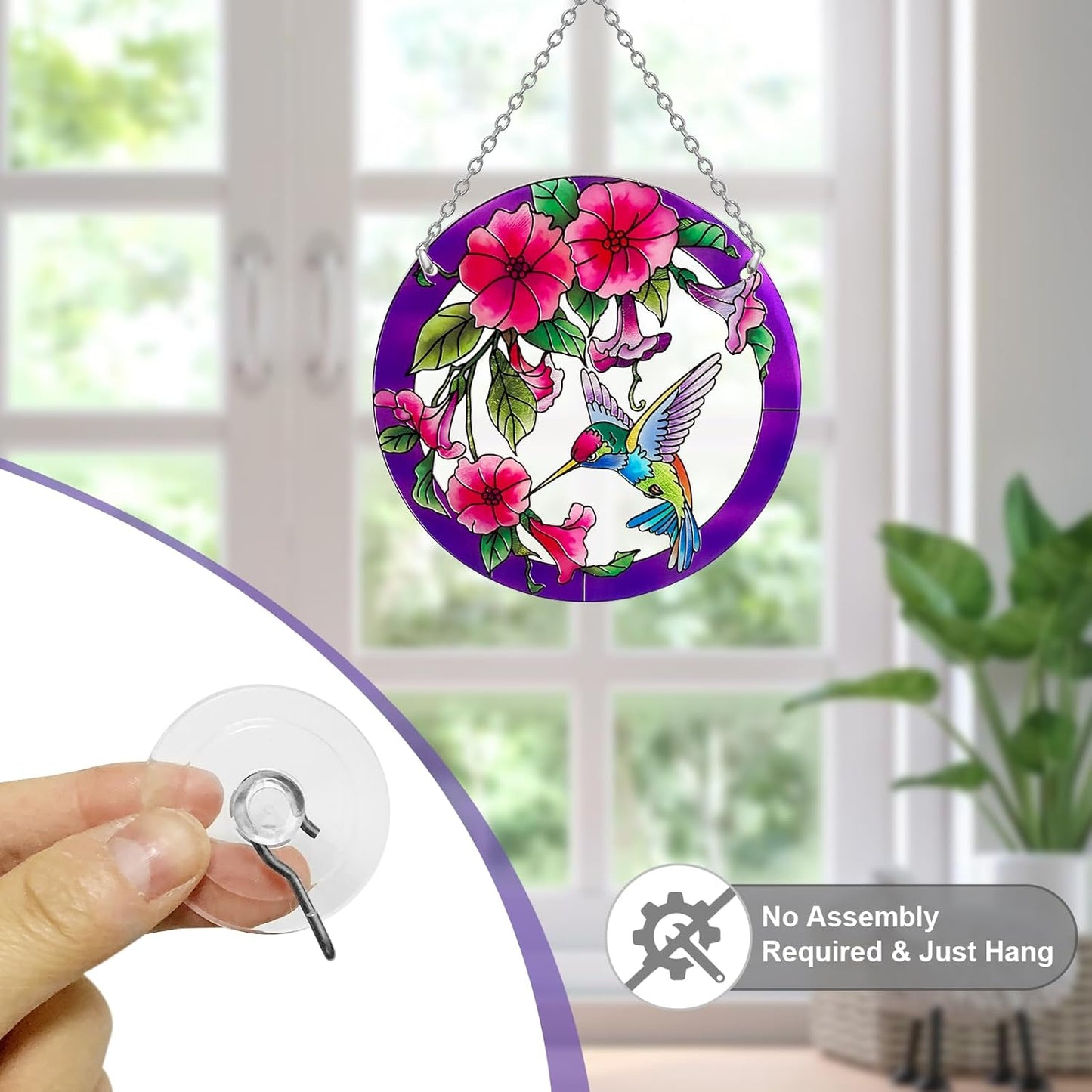 Stained Glass Window Hanging, Hummingbird Gifts for Women, Bird and Flowers Suncatcher for Window, 6" Purple Sun Catchers, Hand Painted Glass for Birds Lover (6 inch)