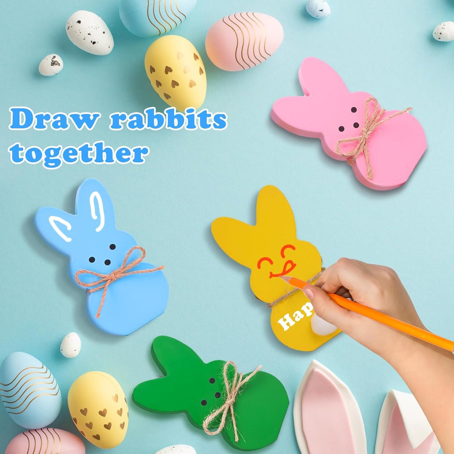 Easter Décor, 4 Pcs Wooden Peep Bunny Decorations for Tiered Tray, Mantel, Farmhouse, Cute Spring Signs for Home, Office, Party Supplies