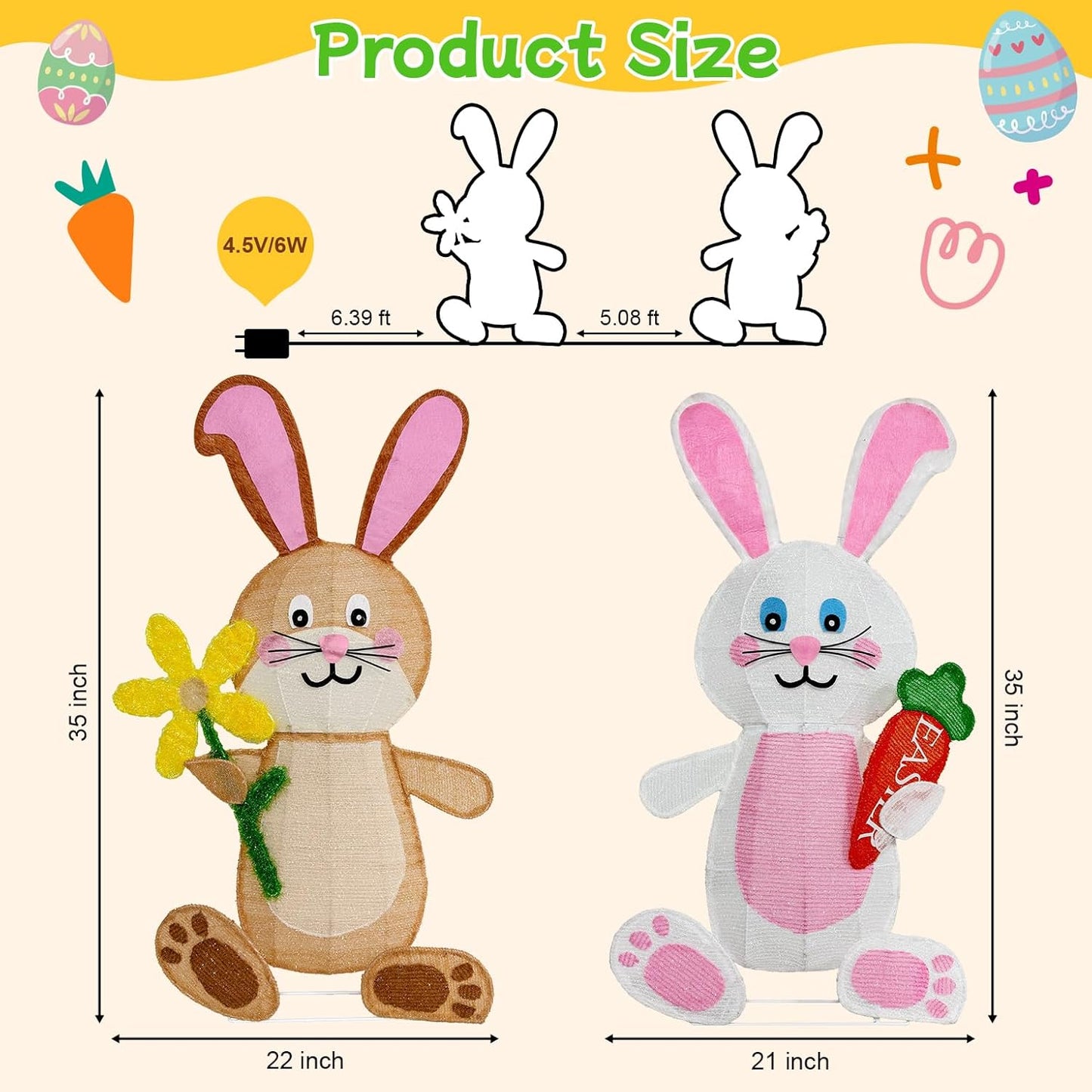 Easter Decorations Outdoor Yard Decor, Set of 2 Lighted Bunny Ornament for Porch Lawn Patio Garden, 120 LED Lights, 35 Inch, Rabbit Gifts for Women Mom, with Carrot & Blossom