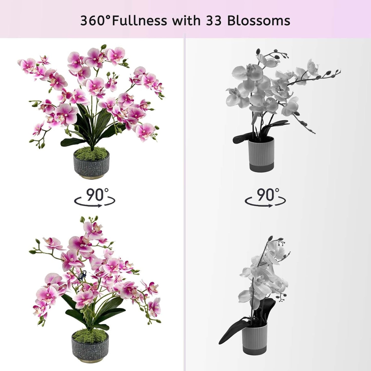 Daily Treasures Artificial Orchid Flower in Pot - 33 Realistic Flower Heads with Adjustable Stems, Premium Black & Gold Ceramic Vase, No Maintenance Faux Floral Decor for Home Office Bathroom
