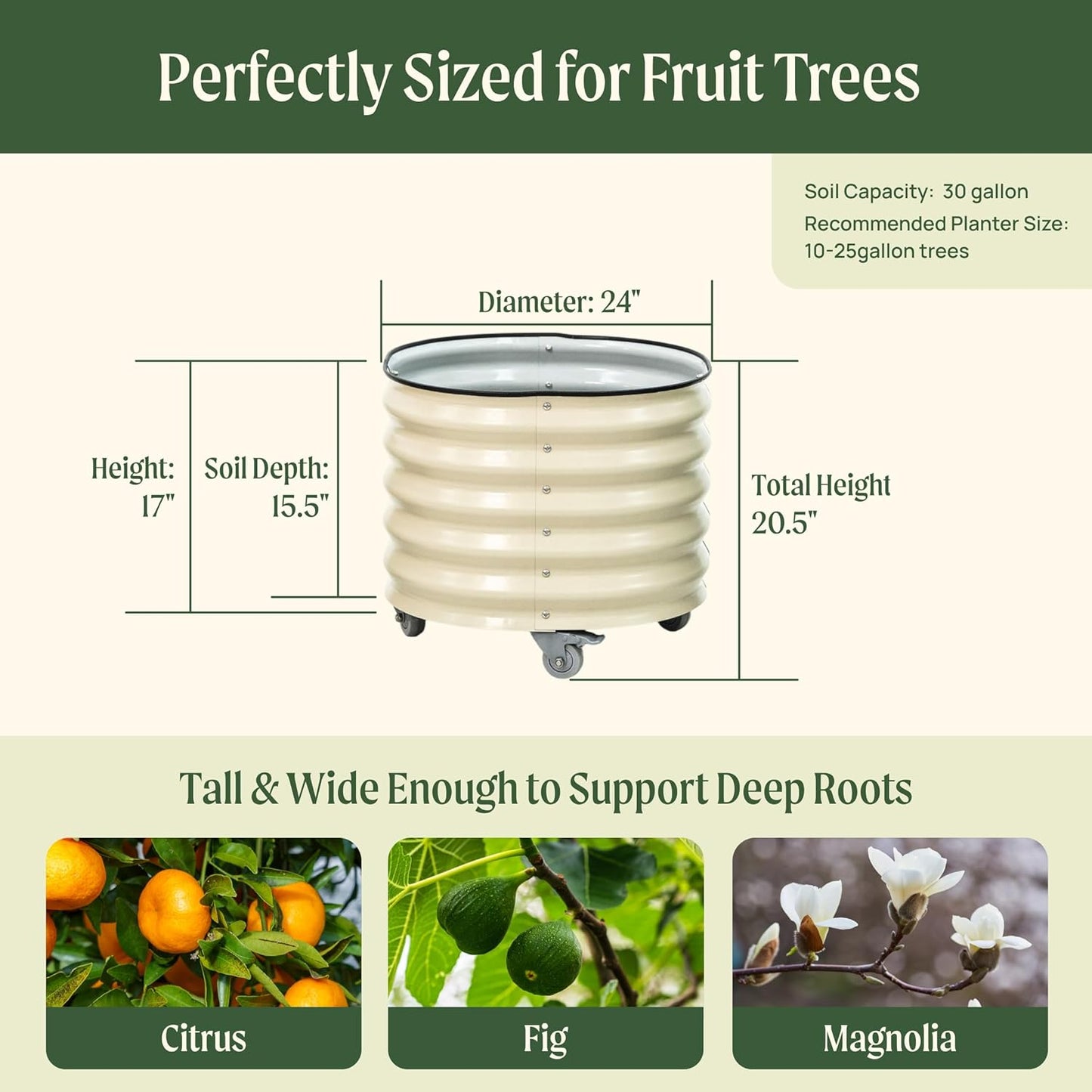 Rolling Metal Citrus Tree Planter Pot, 24″ Round Planter Box for Porch
