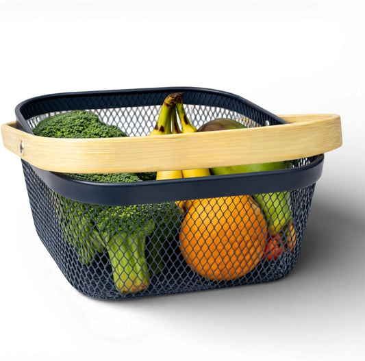 Garden Harvest Basket Gray Mesh Vegetable Hod with Bamboo Handle – Garden Baskets for Harvesting Fruits Vegetables Herbs, Durable Metal Wire Design for Gardeners (Gray Mesh Basket)