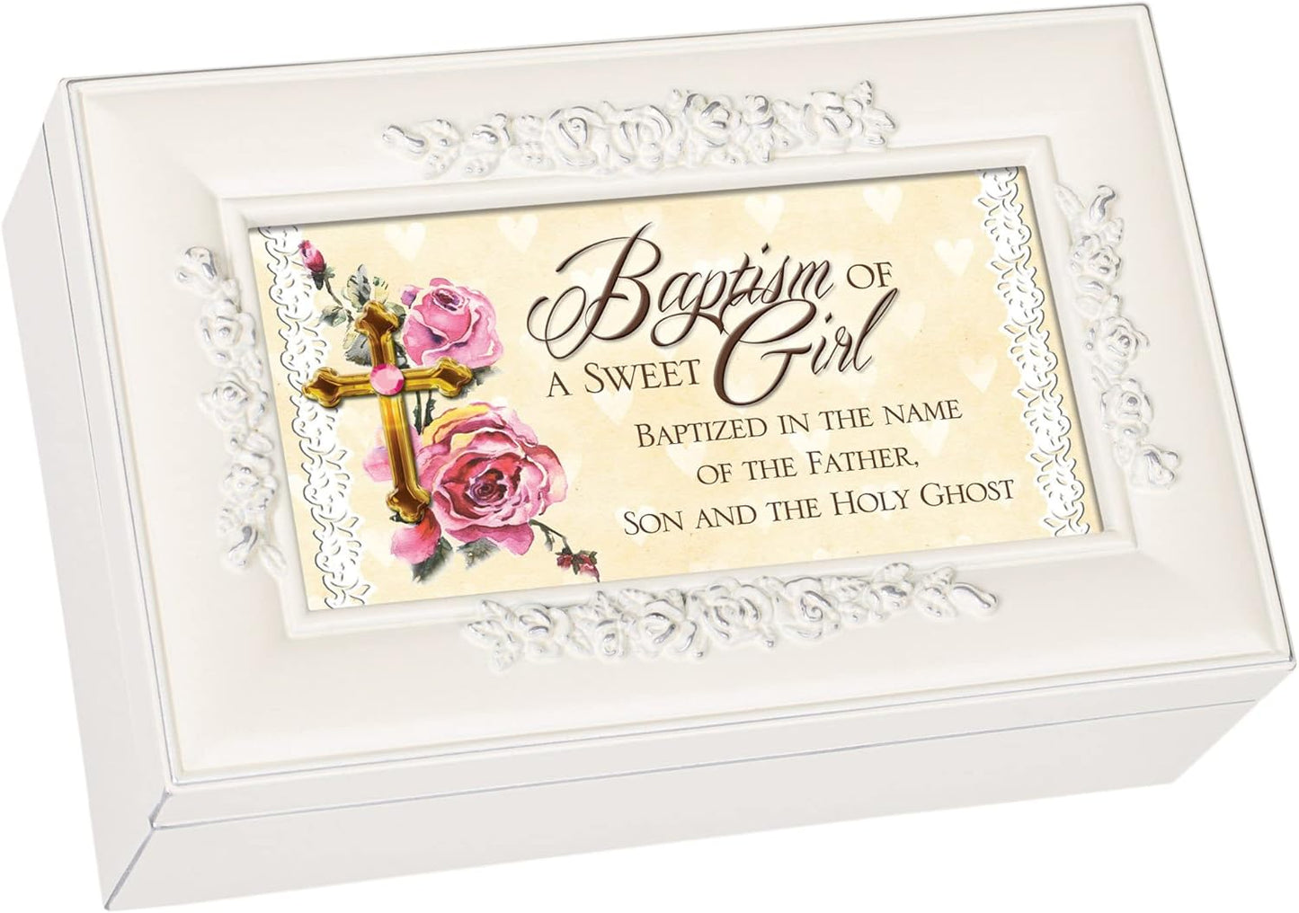 Cottage Garden Baptism of a Sweet Girl Matte Ivory Rose Petite Music Box Plays Jesus Loves Me
