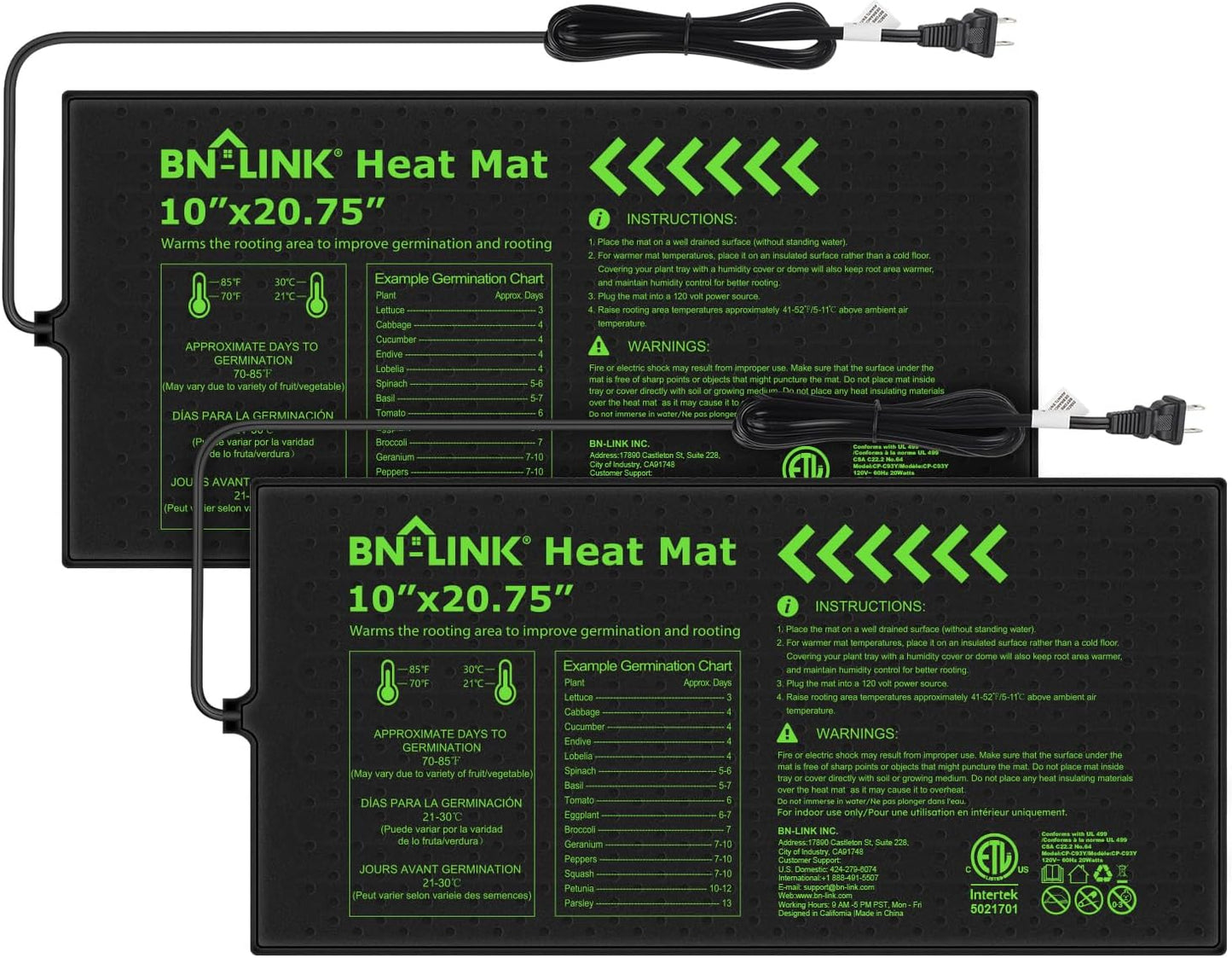 BN-LINK Durable Seedling Heat Mat for Seed Starting 10" x 20.75", 2 Pa