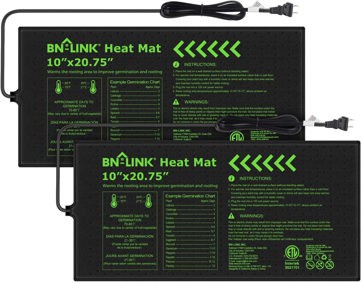 BN-LINK Durable Seedling Heat Mat for Seed Starting 10" x 20.75", 2 Pa