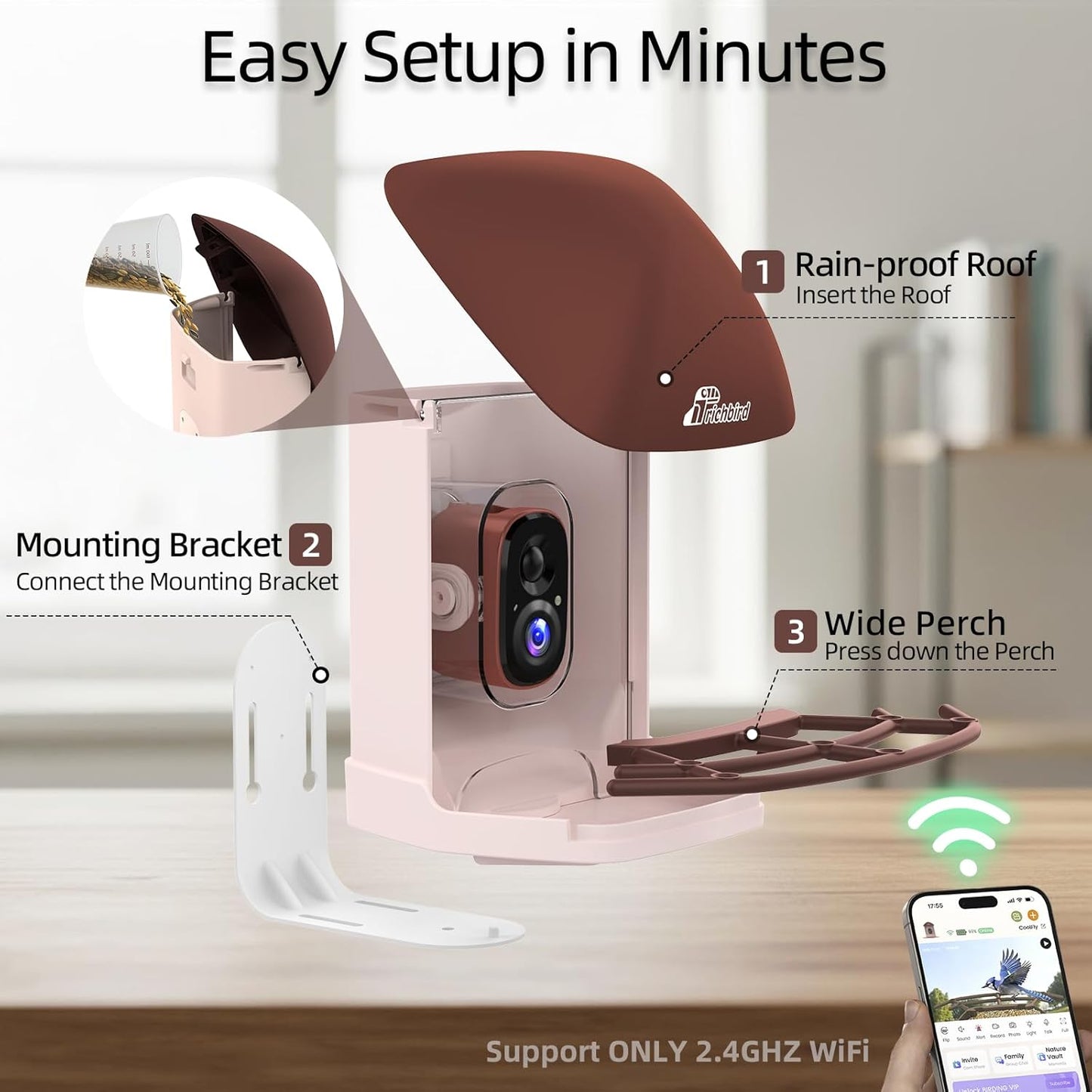 Smart Bird Feeder with Camera Solar Powered, 2.5K HD Birdwatching Camera with Free AI Bird Identification, Instant Notifications & Auto Video Capture, Brown