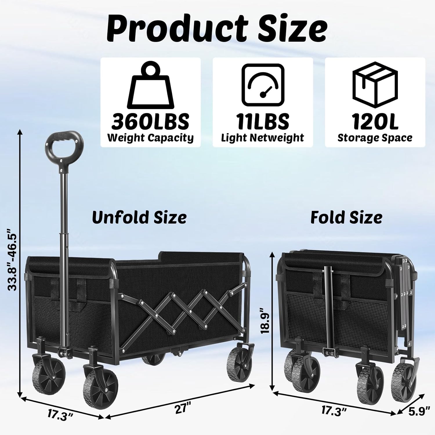 Wagons Carts Foldable, 280 Lbs with Adjustable Handle, Black Lightweig