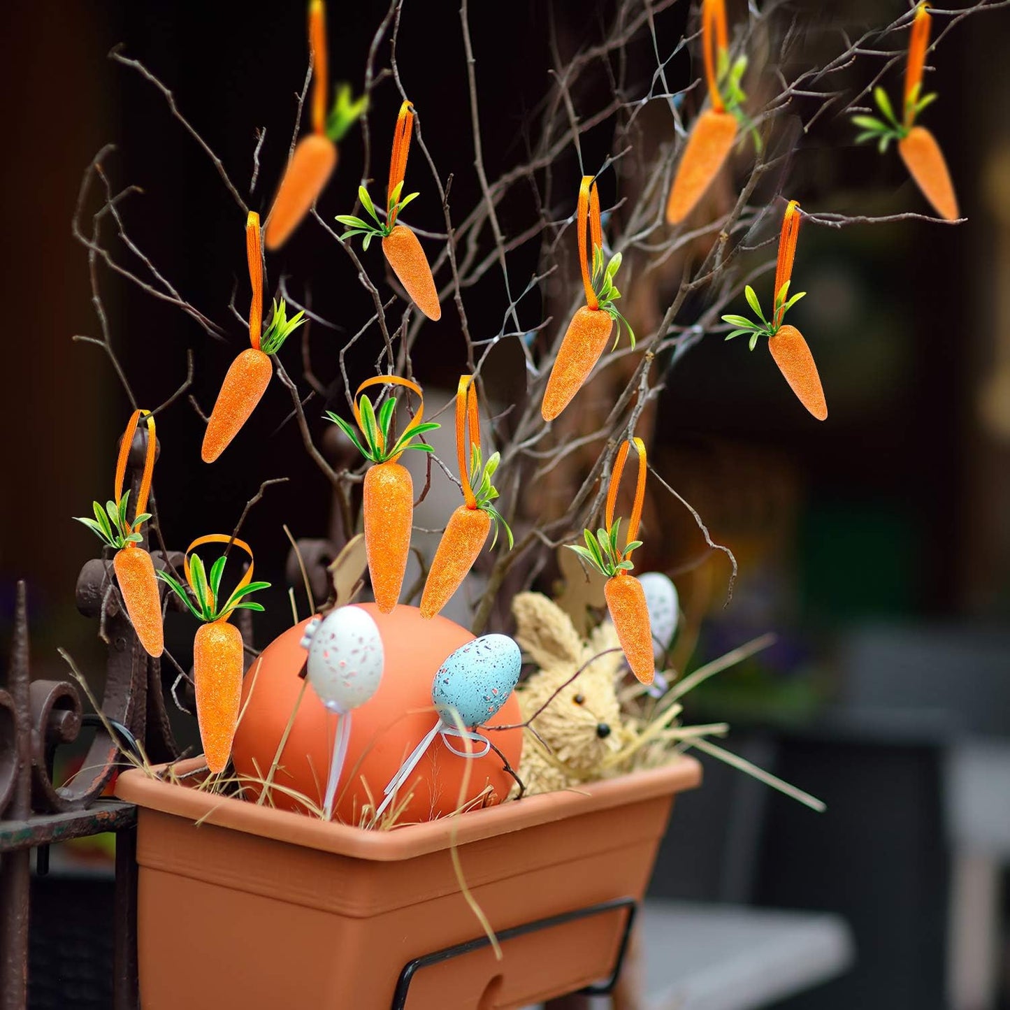 CLESDF Easter Carrot Hanging Ornaments - 12Pcs Premium Foam Glitter Artificial Carrots for Easter Decoration