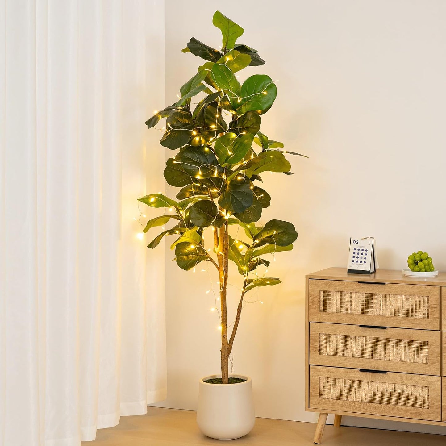 6ft Artificial Fiddle Leaf Fig Tree with LED Fairy Lights & White Planter - Lifelike Faux Ficus Lyrata Plant in Pot with Natural Trunk for Home Office Living Room Bathroom Corner Decor Indoor Outdoor