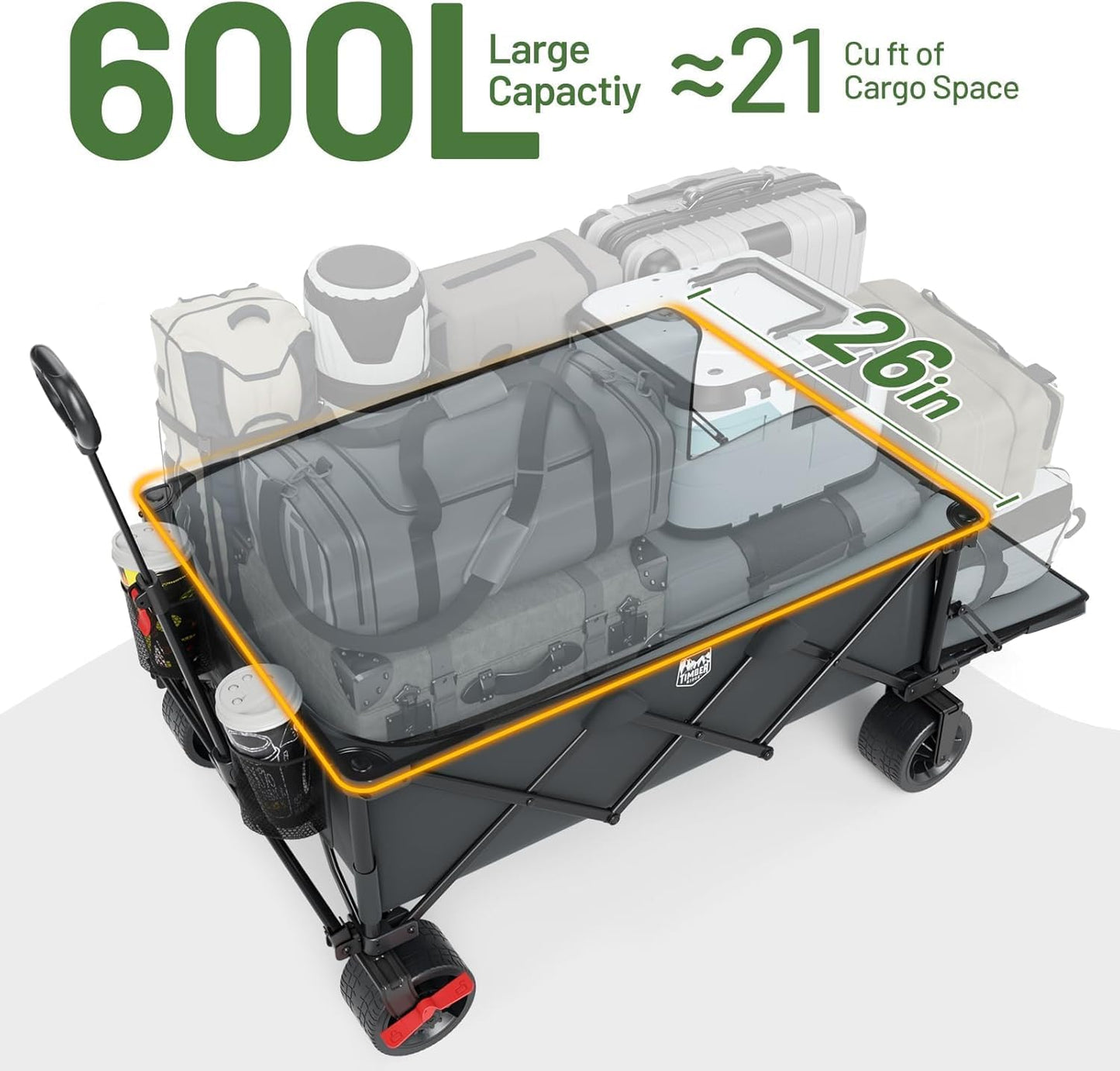 TIMBER RIDGE 600L Beast Wagon 26" W Extra Wide All Terrain Folding w/Big Wheels, Cargo Net & Tailgate, 26" W and 55.25" L, Capacity and 500lbs Heavy Duty Collapsible Portable Cart, Grey