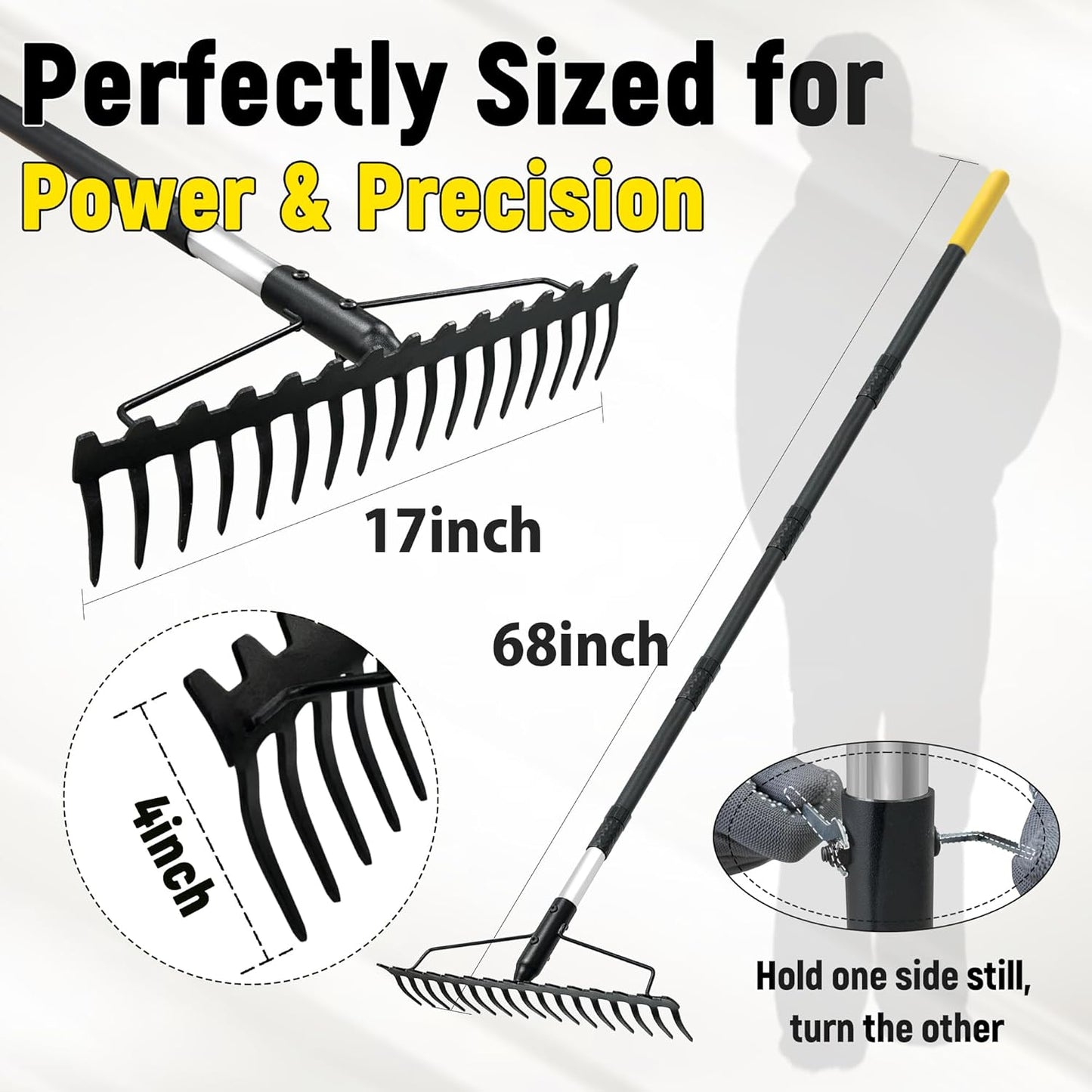 Bow Rake, 68-Inch Adjustable Handle Garden Rake with 17 Steel Tines, H