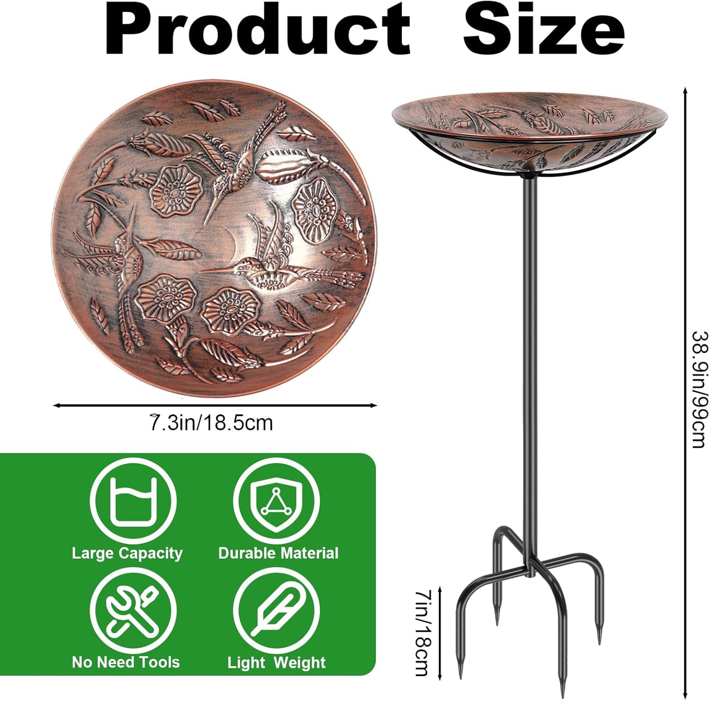Metal Bird Bath for Outside, Vintage Freestanding Birdbaths & Birdfeeder, Bird Baths Feeder Bowl for Outdoors Garden Patio Yard Lawn Decor (Retro Copper)