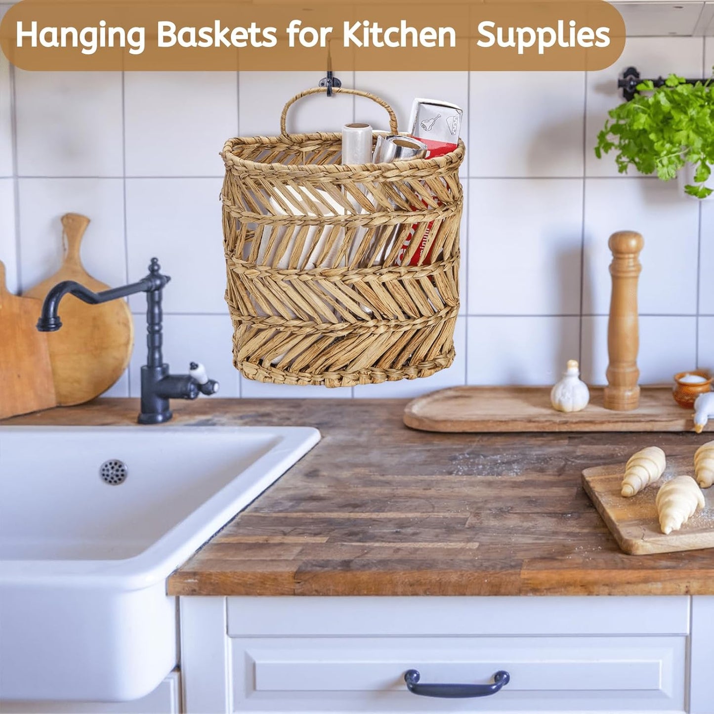 YOUEON Large Woven Hanging Storage Basket, 12x5x14 Inch Natural Water Hyacinth Wall Basket with Sturdy Iron Frame, Handwoven Front Door Flower Baskets for Home Garden, Boho Decor